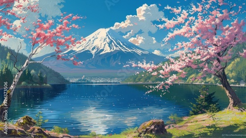 Beautiful mount of Fuji with lake and cherry blossom tree in sunny day landscape. AI generated