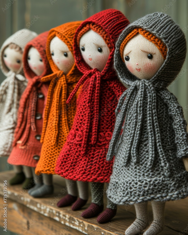 A group of knitted dolls with red hair and hoods. Generative AI.