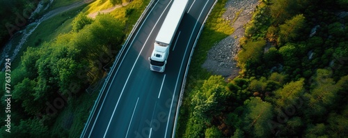 A large truck on a winding road. Top view. AI generative.