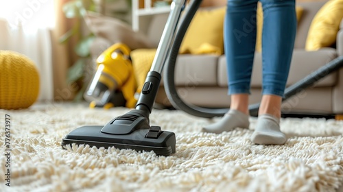 A female is cleaning carpet in the living room with a vacuum photo
