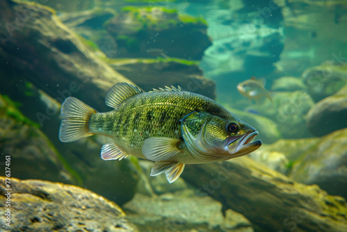 A largemouth bass swimming in clear freshwater among submerged logs.