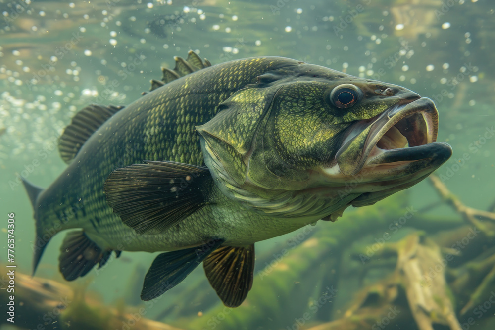 Underwater view of a large bass fish with an open mouth among aquatic plants.