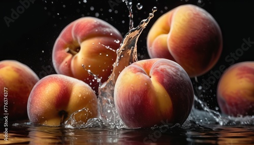Ripe peaches gracefully drop into water, creating stunning splashes against a sleek black backdrop, capturing the essence of summer
