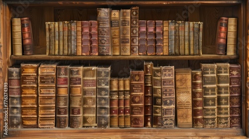 Wall full shelf of ancient books and manuscripts in library room vintage style. AI generated