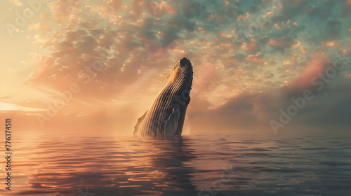 Massive gray whale emerging from the misty ocean spray, its immense form silhouetted against the soft pastel hues of a sunset sky, with tranquil waters stretching to the horizon © MistoGraphy