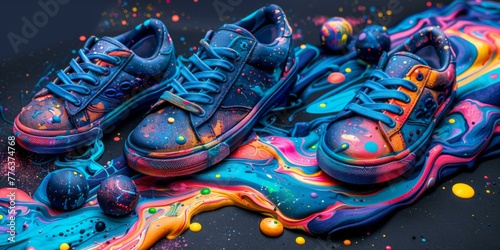 A pair of shoes are covered in colorful paint and surrounded by liquid. Generative AI. photo