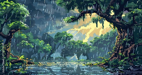retro pixel start main screen of a stormy swamp with sunlight peaking through for platformer pixel game