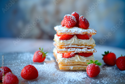 French dessert Mille Feuille with custard cream and strawberries on ceramic plate, powdered with sugar