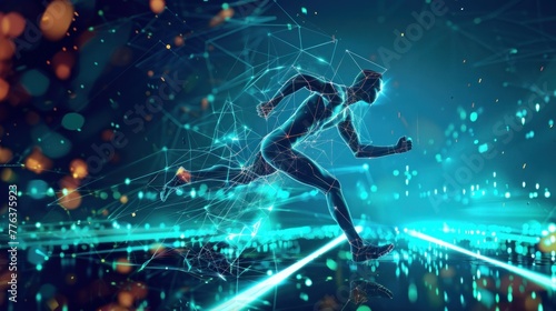 Digital human running athlete with digital wireframe neon light background. AI generated image © MUCHIB