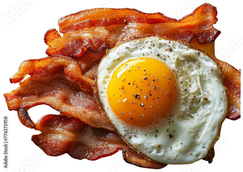 Fried Egg and Bacon on a Yellow Plate. Transparent Background PNG