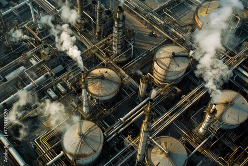Aerial shot of industrial complex with smoke and steam billowing from structures amid a network of pipes and tanks.