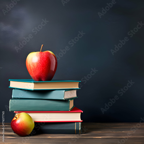books and apple on blackboard background.