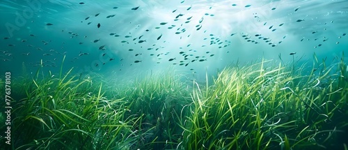 Dancing Seagrass Meadow: A Scene of Fish Schools and Swirling Currents. Concept Underwater Photography, Marine Life, Ocean Scenes, Seagrass Ecosystems, Fish Behavior