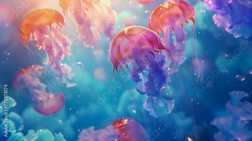 Vibrant jellyfish gliding through a dreamlike underwater panorama, their vibrant hues casting a surreal aura in the tranquil sea
