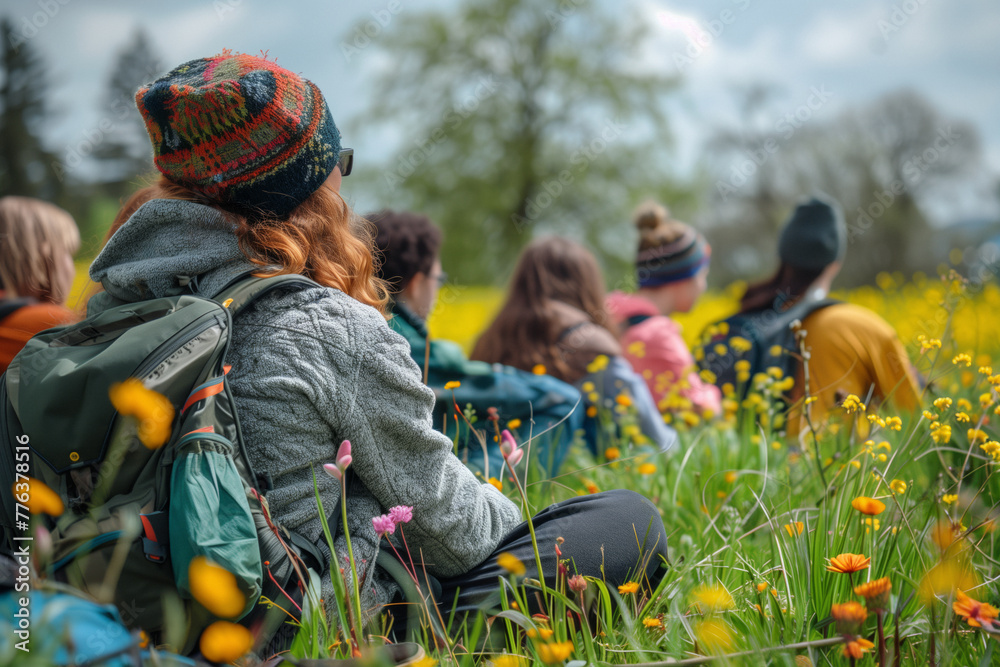 A group of hikers resting and meditating in a blooming meadow, surrounded by spring's beauty, conveying a sense of community and peace A group of hikers resting and meditating in a blooming meadow, surrounded by spring's beauty, conveying a sense of community and peace