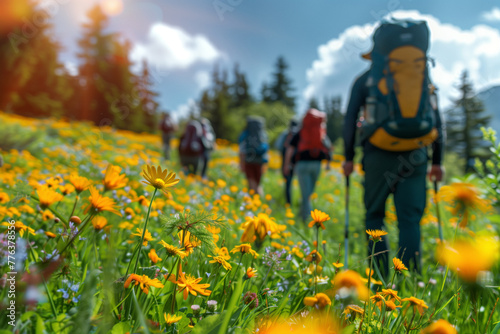 Hikers exploring a vibrant spring meadow filled with yellow wildflowers, emphasizing the joy of nature hikes in blooming seasons