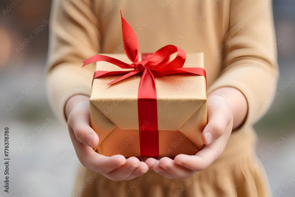 Woman holding gift box with red ribbon on blurred background. closeup Woman holding gift box with red ribbon on blurred background. closeup