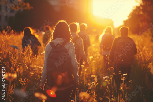 Silhouettes of people walking through tall wild grass, the setting sun casting a warm, golden hue over the scene