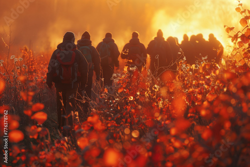 Group of hikers in silhouette trekking through an autumnal field at sunset, with warm golden hues enveloping the scene