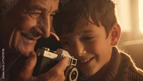 Grandfather and grandson looking at photos on an analog camer photo