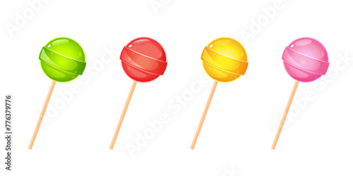 Cartoon sweet rounded lollipops on stick with different fruits flavors.
