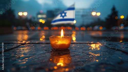 Yom HaZikaron theme, a single candle lit in a small glass, placed on a stone surface with the backdrop of a waving Israeli flag at half-mast