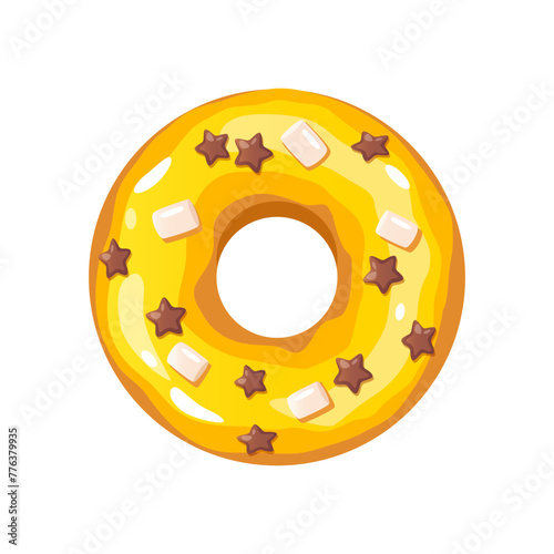 Sweet donut with yellow icing and chocolate sprinkles in stars shape isolated on a white background.
