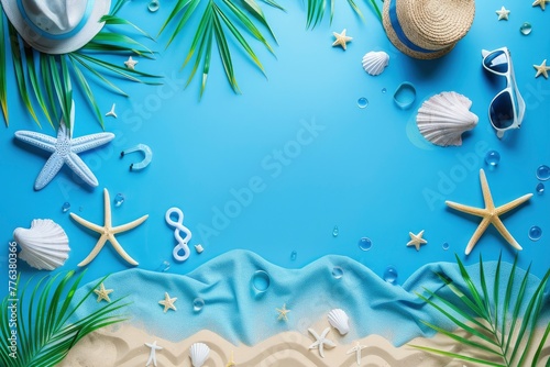 blue background with beach vacation symbols - generative ai
