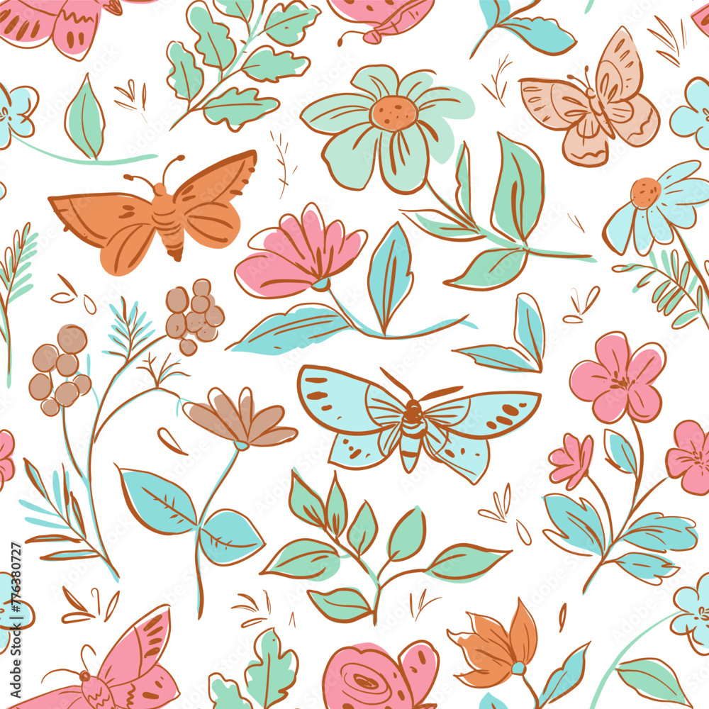 Floral seamless pattern. Vector doodles, butterflies, flowers, plants. Rough sketch style - obrazy, fototapety, plakaty 