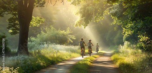 Family Bike Ride: A family going on an adventure mountain biking ride along a lush greenery road path during daytime. Generative AI photo