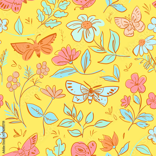 Floral seamless pattern. Vector doodles, butterflies, flowers, plants. Rough sketch style