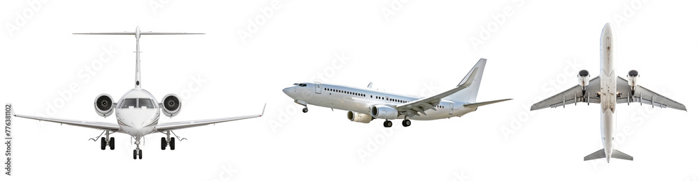 Front and aerial views of a private jet and commercial airliner, illustrating the sleek design of air travel vehicles cut out on transparent background