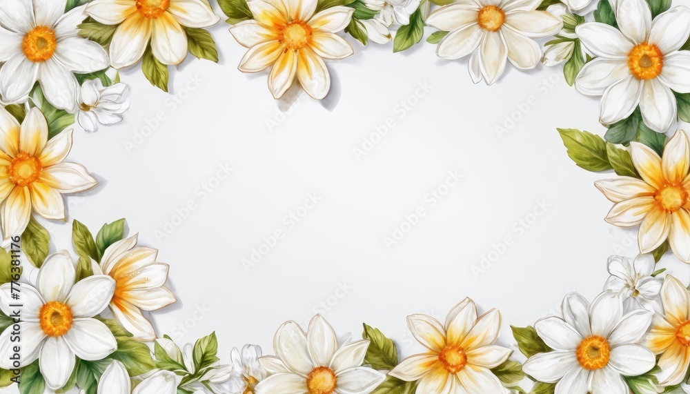 Fototapeta premium Enhance your message with our watercolor floral frame mockup. Delicate white flowers surround the empty space, awaiting your text or photo
