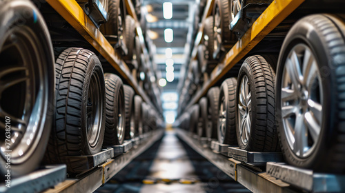 Stacked New Tires arranged in rows in Automotive Warehouse