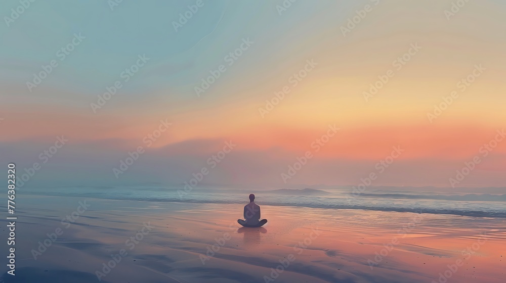 A calm mindful individual meditating in a beautiful sunrise beach landscape, calm sea with low sea waves, clear scenic sky with first light of dawn, minimalist, aesthetic, zen. Generative AI