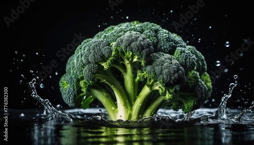 Fresh broccoli florets gracefully plunging into water, creating captivating splashes against a dramatic black backdrop photo