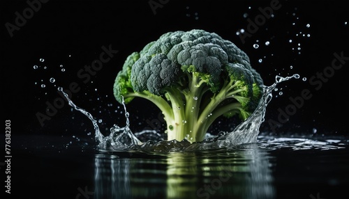 Fresh broccoli florets gracefully plunging into water, creating captivating splashes against a dramatic black backdrop photo