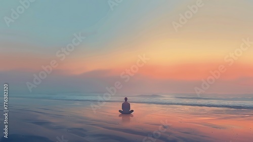 A calm mindful individual meditating in a beautiful sunrise beach landscape, calm sea with low sea waves, clear scenic sky with first light of dawn, minimalist, aesthetic, zen. Generative AI