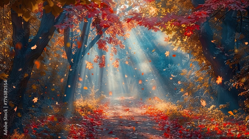 Autumn magical forest background, tree faded in mist