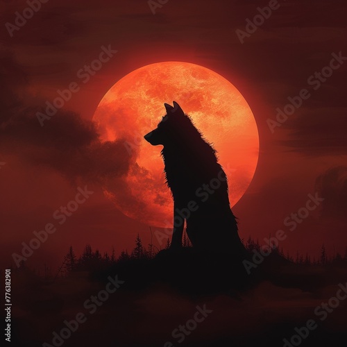 A lone wolf silhouetted against the sun in its final moments, 2D surreal fantasy