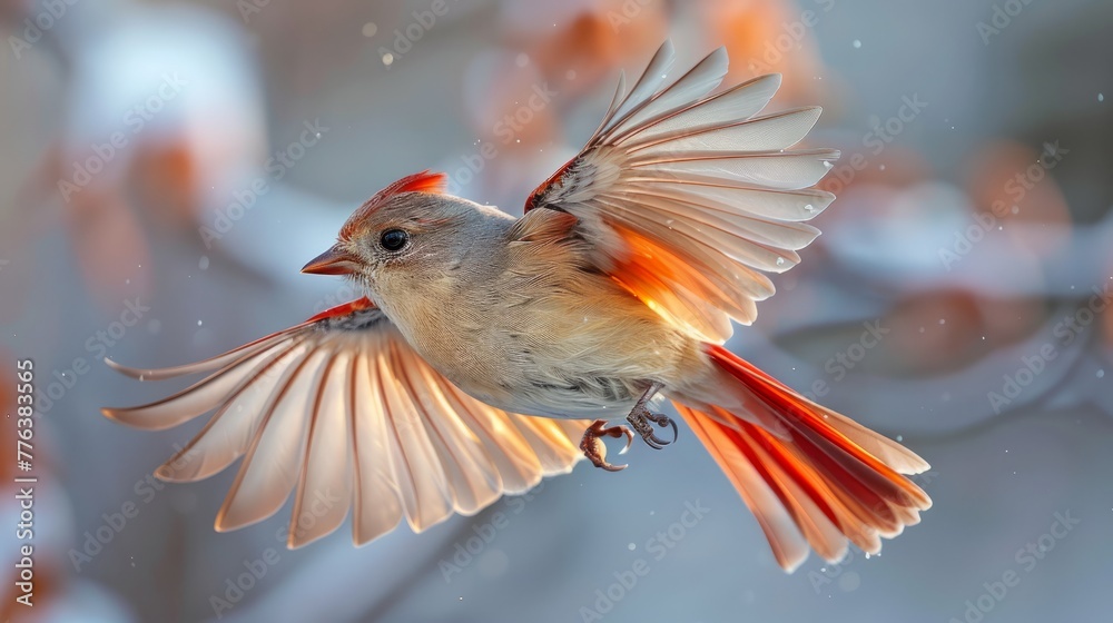 Fototapeta premium Close-up of a small bird with wings spread in flight