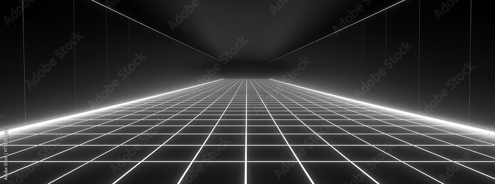 Naklejka premium 3d abstract black and white background. Retrowave retro 80s 90s futuristic grey laser neon grid surface. Wireframe tunnel net in dark space isolated black Disco music template