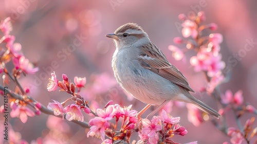 Close-up of a small bird on a branch in spring