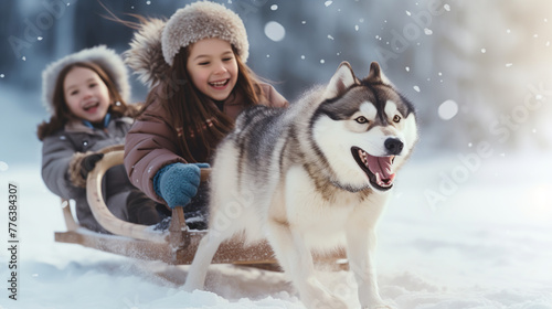 boy and girl have fun in winter. Siberian husky dog ​​pulls children on a sled