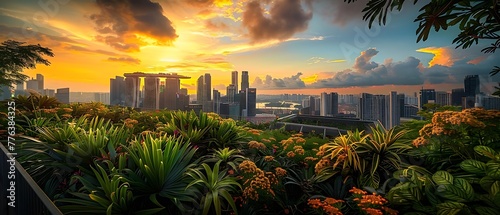 A green rooftop garden green plants & yellow flowers flourishing in a beautiful urban sunset setting, against a stunning cityscape backdrop, embodying an eco-friendly nature environment & sustainable. photo