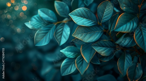 Teal leaves with subtle orange veins against a bokeh background. Soft-focused botanical leaves in teal with vibrant accents.