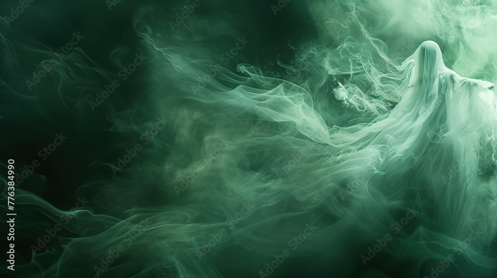Fototapeta premium Abstract white transparent ghost figure flying in the dark, light green and black color scheme
