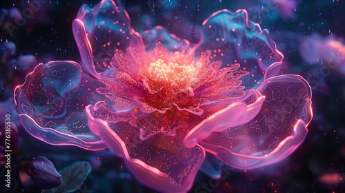 Close-up ethereal flower merging neon cells, organism.