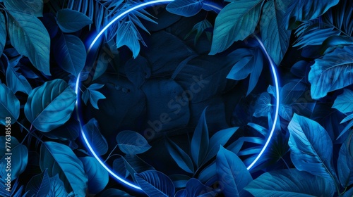 Luminous neon ring creating a portal amidst botanical leaves on a navy background. Fantasy flora concept for wallpaper, poster, and interior design. Macro shot with copy space.