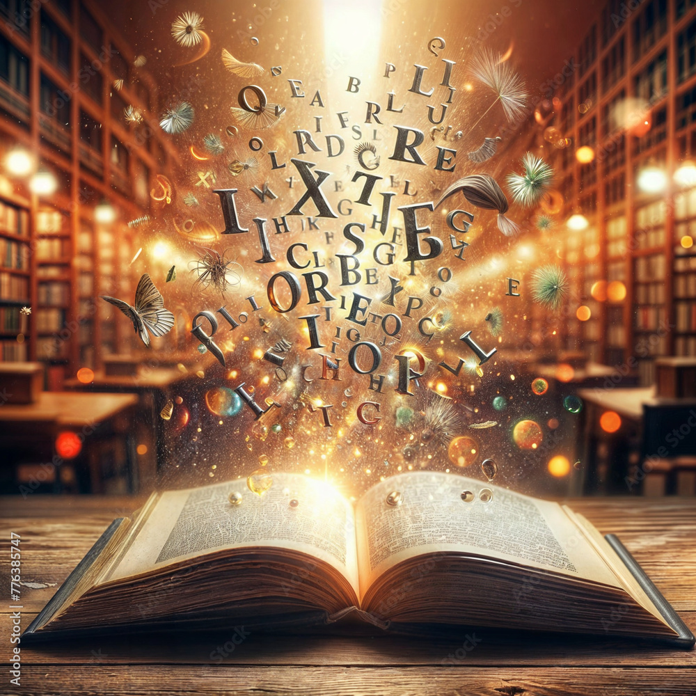 alphabets coming out of that opened book and floating in air with a ...
